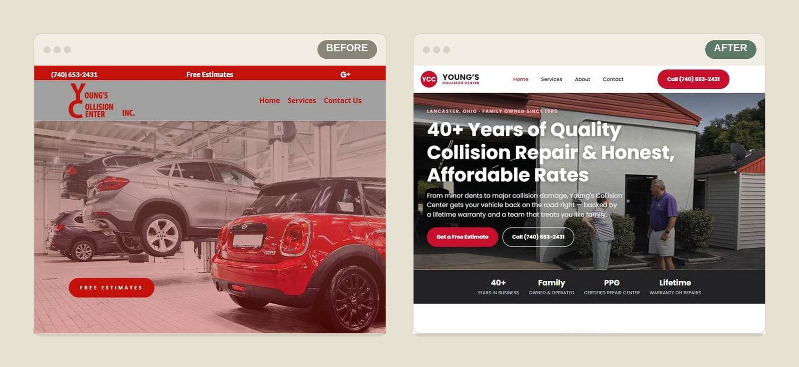 Young's Collision Center website before and after redesign